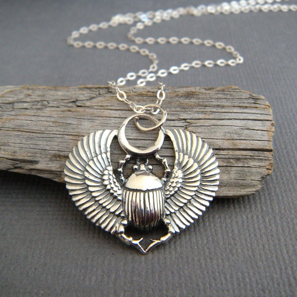 sterling silver scarab necklace small winged Egyptian beetle wings insect mythology rustic spirit rebirth protection pendant sun symbol 1"