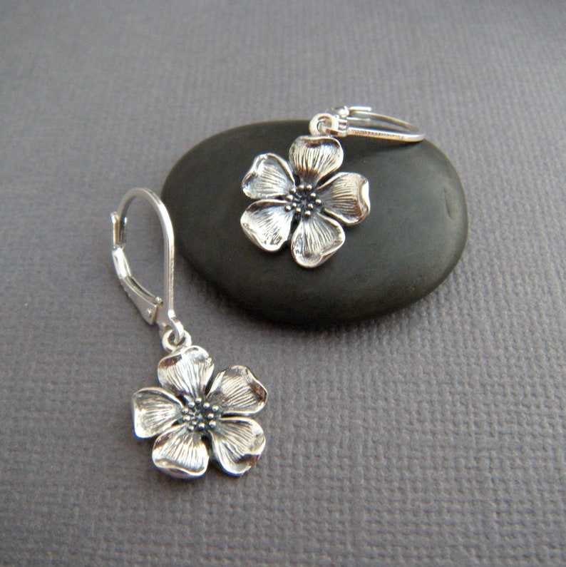 sterling silver cherry blossom earring small flower dangle leverback rustic jewelry oxidized black boho bohemian gardener gift for her 1/2 image 1