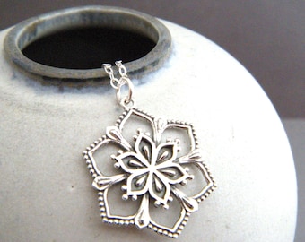 Sterling Silver Lotus Mandala Necklace - Boho Zen Jewelry 1"