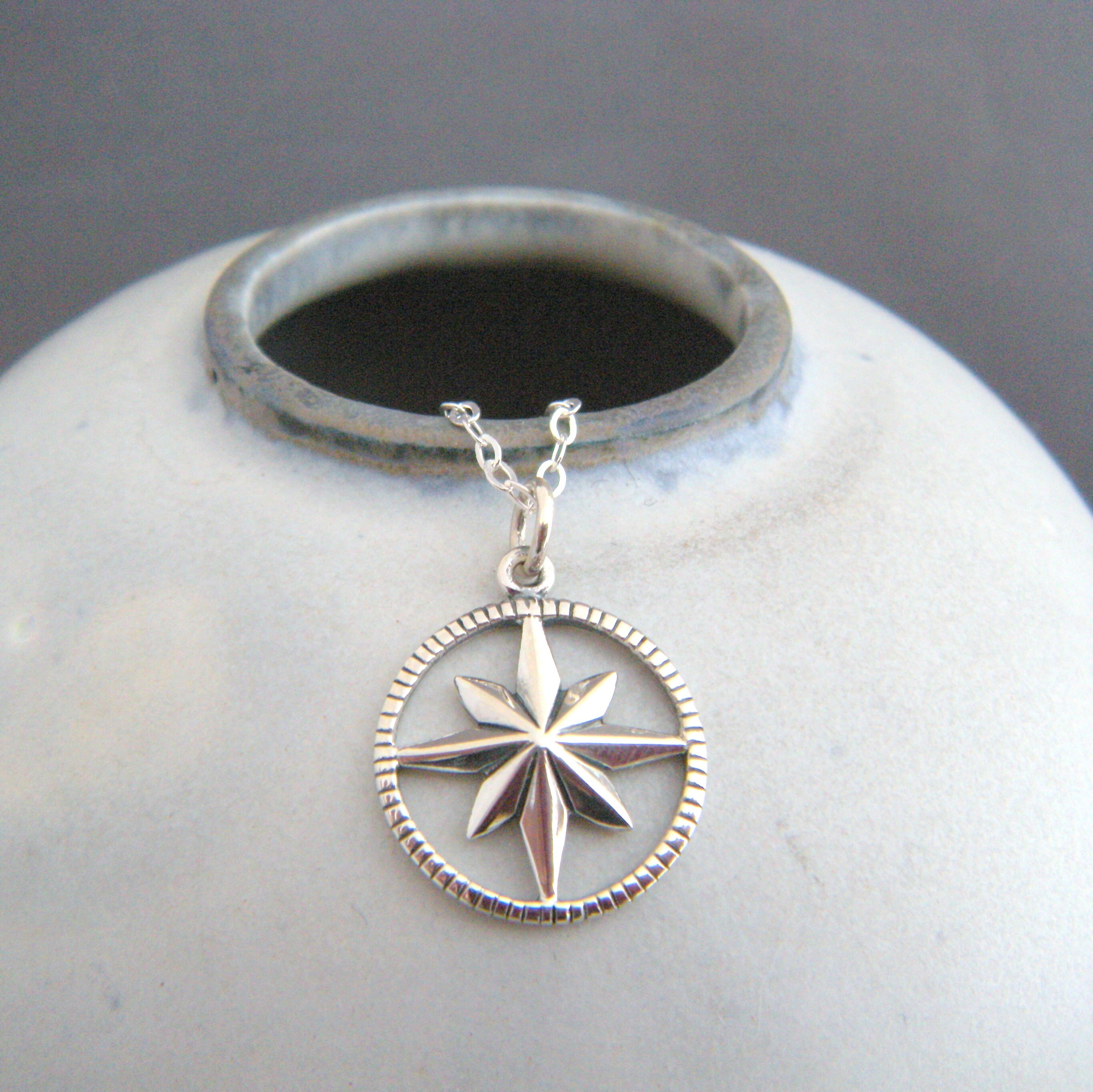 Men's Compass Necklace / Solid Sterling Silver / Rustic Oval