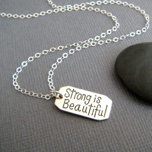 sterling silver strong is beautiful necklace small inspirational word jewelry inspiring quote motto pendant strength women feminist charm