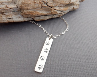 sterling silver 4 paw print necklace. tiny pawprint rectangle charm. small pets dog pride pendant animal cat love charm four legged mom 1"