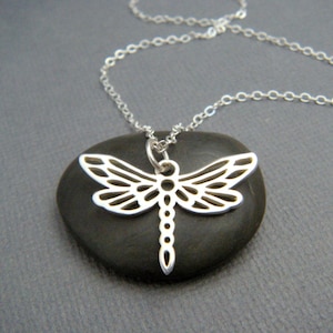 silver dragonfly necklace. sterling silver dragon fly bug pendant. small animal totem. small insect simple jewelry transformation charm 1&quot;