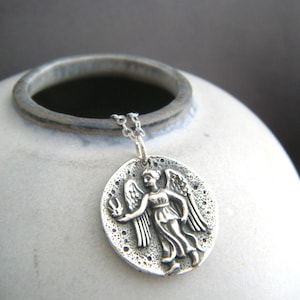 sterling silver ancient angel coin necklace rustic goddess Nike Victoria Greek Roman replica piece protector angelic wings charm 3/4&quot;