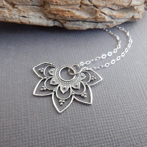 sterling silver half mandala necklace small petal flower pendant zen universe charm boho bohemian jewelry spiritual yoga everyday 1 1/8"