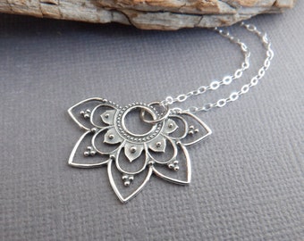 Sterling Silver Mandala Pendant Necklace, Boho Floral Charm 1 1/8"