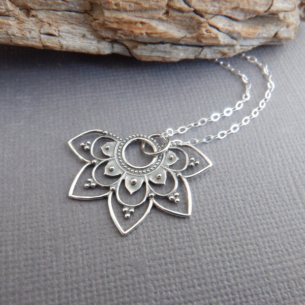 sterling silver half mandala necklace small petal flower pendant zen universe charm boho bohemian jewelry spiritual yoga everyday 1 1/8"