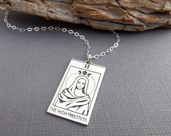 sterling silver high priestess tarot card necklace moon phase seance spirit fortune telling mysticism intuition spiritual halloween 1"