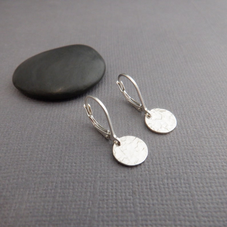 tiny sterling silver dangles hammered circle earrings petite disc everyday sterling jewelry leverback lever back drop latchback latch. 3/8 image 2