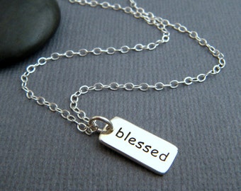 silver blessed necklace. tiny sterling silver faith jewelry. inspiring inspirational. religious quote. spiritual pendant. small word charm