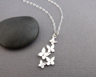 tiny sterling silver butterfly necklace five 5 butterflies group cluster delicate charm petite everyday jewelry dainty nature pendant 7/8"