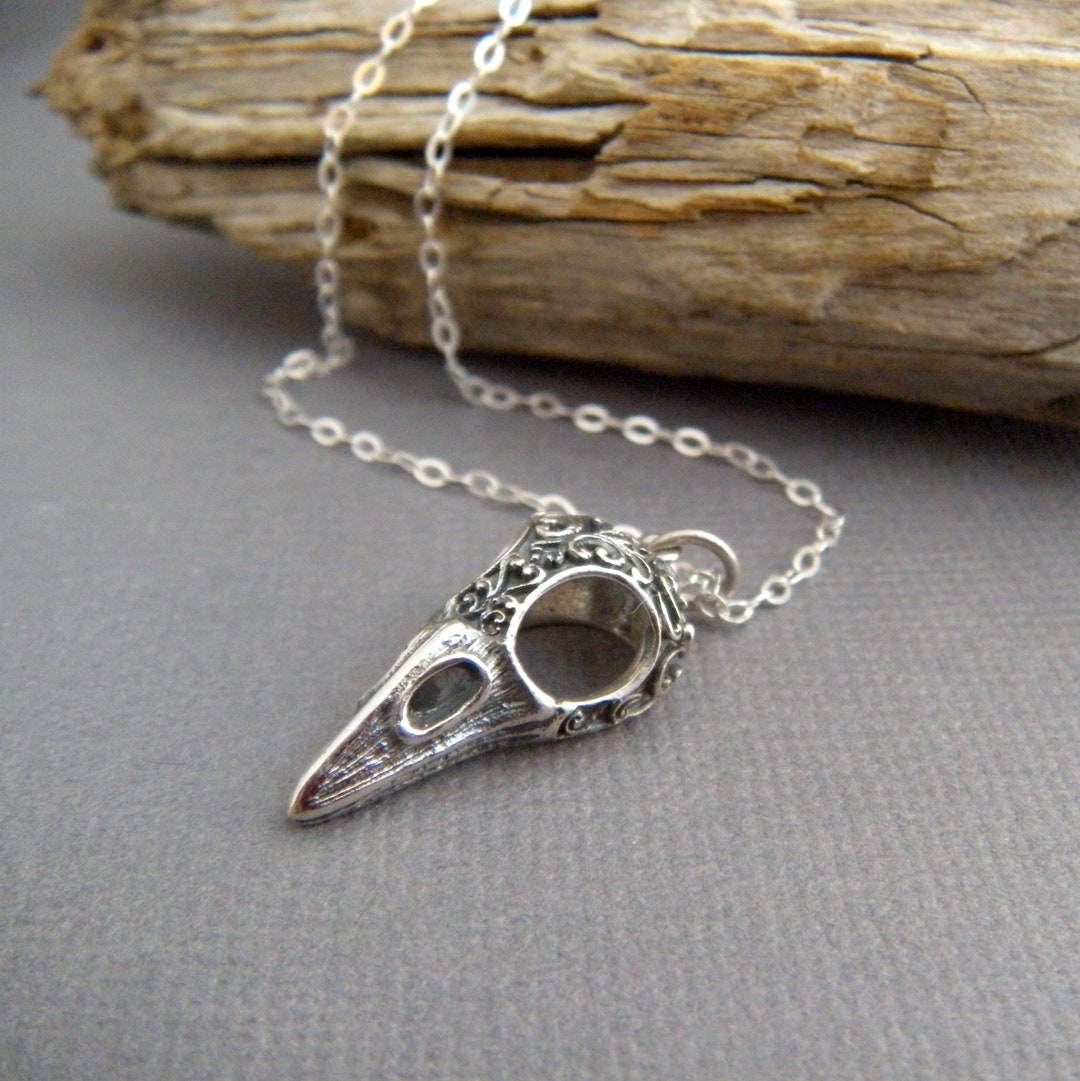 Small Sterling Silver Raven Bird Skull Necklace Hollowed Eyes Scroll ...