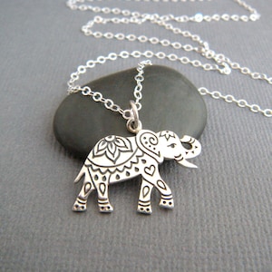 sterling silver etched Indian elephant necklace small boho pendant bohemian animal charm Hindu rustic jewelry unique engraved gift for her