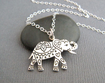 sterling silver etched Indian elephant necklace small boho pendant bohemian animal charm Hindu rustic jewelry unique engraved gift for her