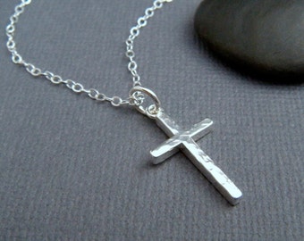 silver cross necklace. MEDIUM. hammered cross pendant. sterling silver. simple. minimalist necklace. christian jewelry. 3/4 inch