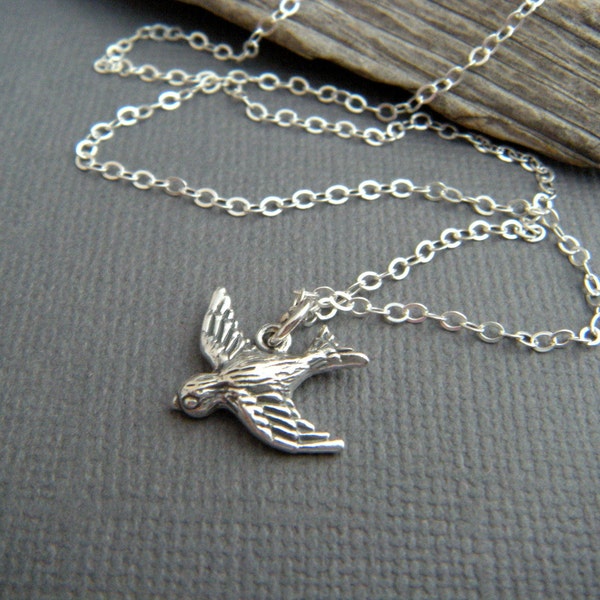 tiny silver bird necklace. small sterling silver woodland pendant. realistic simple jewelry. feathered flying bird charm. gift for her 1/2"