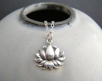 sterling silver lotus flower necklace. small realistic floral charm. yoga yogi jewelry simple layering petite delicate dainty pendant 5/8"