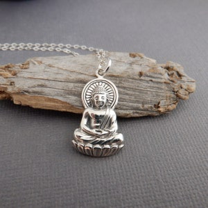 sterling silver Buddha necklace small zen charm yoga yogi jewelry gift Buddhism faith realistic Budha Buddhist religion everyday pendant 1"