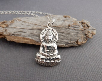 sterling silver Buddha necklace small zen charm yoga yogi jewelry gift Buddhism faith realistic Budha Buddhist religion everyday pendant 1"