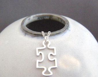 small sterling silver puzzle piece necklace autism awareness symbol simple modern hobby charm pendant dainty petite everyday jewelry 7/8""