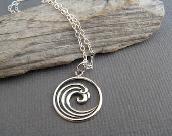 sterling silver ocean wave necklace small simple circle contemporary beach jewelry summer charm surf curl surfer girl gift sea pendant 5/8&quot;