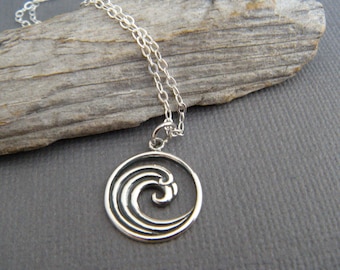 sterling silver ocean wave necklace small simple circle contemporary beach jewelry summer charm surf curl surfer girl gift sea pendant 5/8"