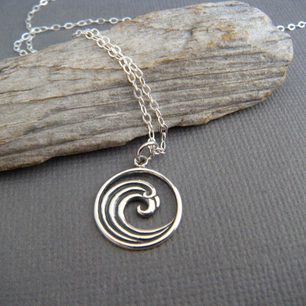 sterling silver ocean wave necklace small simple circle contemporary beach jewelry summer charm surf curl surfer girl gift sea pendant 5/8"