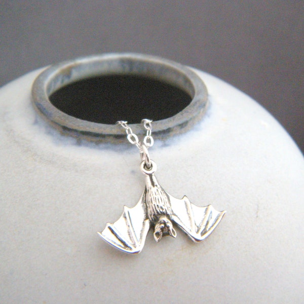 small sterling silver hanging bat necklace tiny Halloween charm upside down realistic animal pendant spirit totem rebirth reborn symbol 3/4"