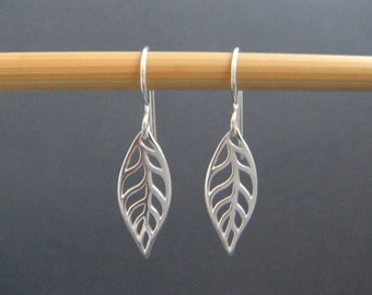 sterling silver leaf earrings. small simple modern dangles leverback lever back hook flat leaves botanical nature drop delicate jewelry gift
