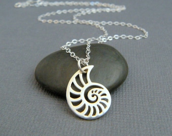 sterling silver shell necklace. nautilus pendant. simple spiral jewelry. aquatic sea pendant. ocean nature marine. modern everyday jewelry