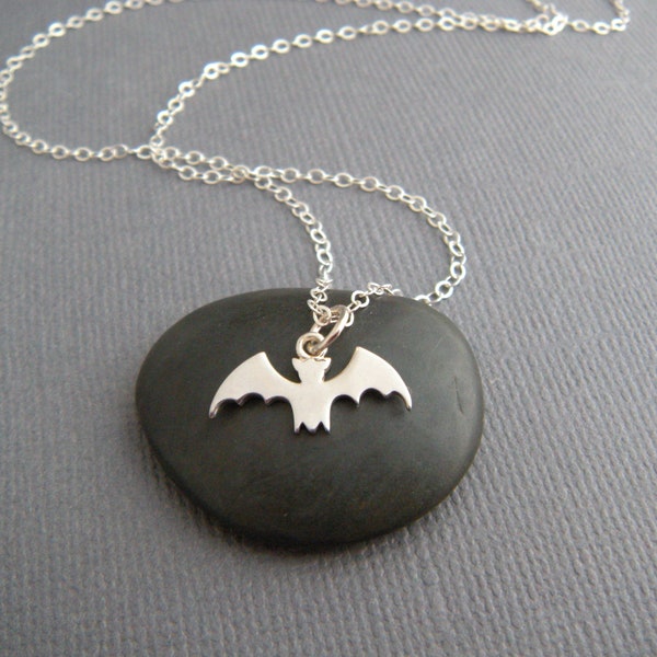 tiny sterling silver bat necklace small Halloween charm Shaman animal pendant spirit totem flying intuition rebirth reborn symbol 5/8"