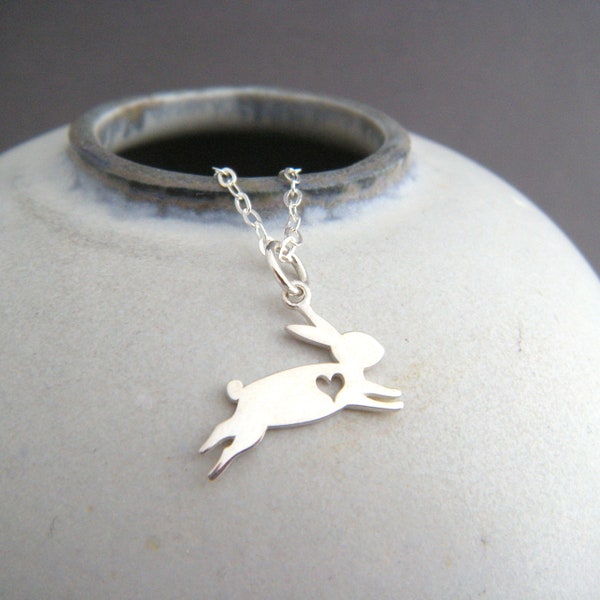 tiny sterling silver bunny necklace small jumping rabbit animal pendant heart cut out spirit totem small simple jewelry hare charm gift 1/2"