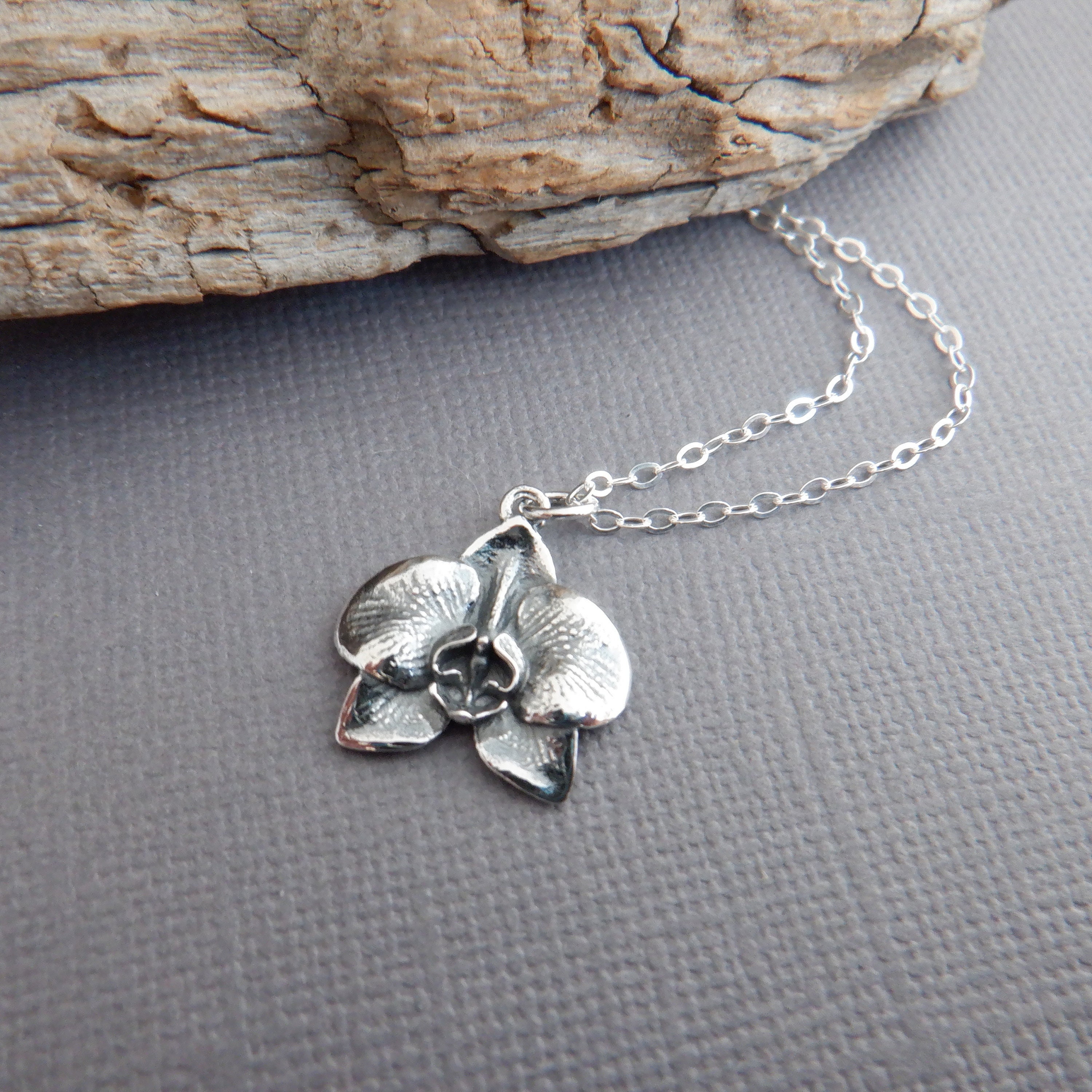 Sterling Silver Orchid Flower Necklace. Small Floral Pendant