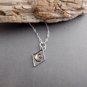 Sterling Silver Crescent Moon Star Necklace, Bronze Gold Celestial Charm 5/8&quot;