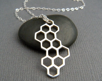 large silver honeycomb necklace. sterling honey comb pendant. bee hive. modern gift geometric charm simple nature jewelry. long drop charm