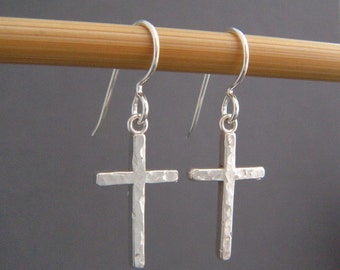 small hammered cross earrings sterling silver dangles everyday leverback hook petite simple gift for her christian faith jewelry 3/4" cross