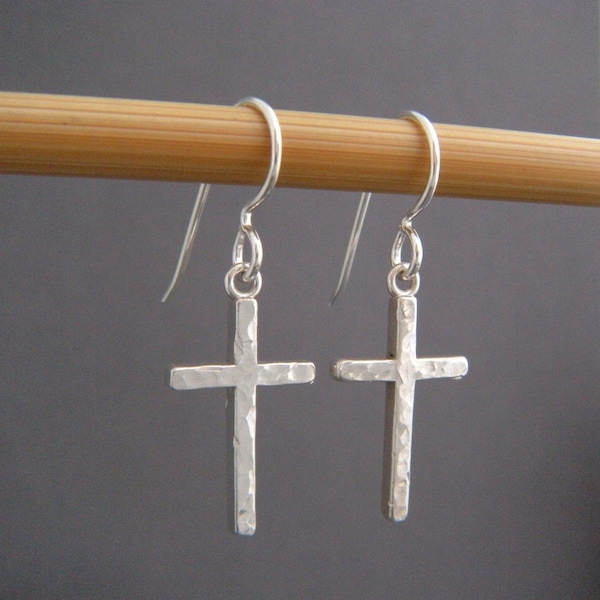 small hammered cross earrings sterling silver dangles everyday leverback hook petite simple gift for her christian faith jewelry 3/4" cross