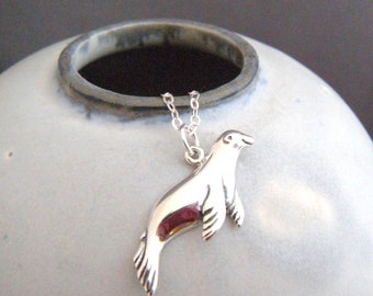 small sterling silver sea lion necklace ocean pendant aquatic marine life animal beach jewelry realistic nature charm gift for her 1"