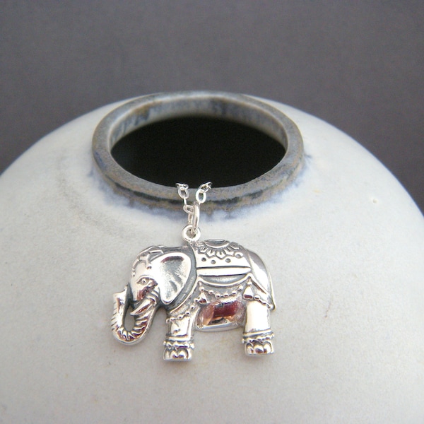 sterling silver Indian elephant necklace small boho pendant bohemian animal charm Hindu rustic jewelry unique gift her wisdom good luck 7/8"