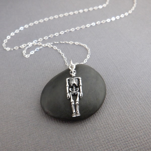 tiny sterling silver human skeleton necklace realistic two sided small Halloween charm tiny simple delicate petite pendant spooky ghoul 1"