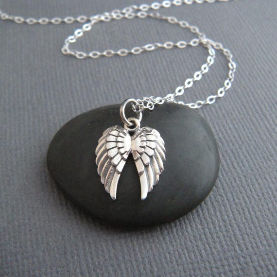 Sterling Silver Angel Wings Necklace, Tiny Memorial Charm 1/2"