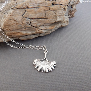 sterling silver ginkgo leaf necklace living fossil charm small tiny petite realistic simple nature pendant biloba forest tree jewelry 5/8&quot;