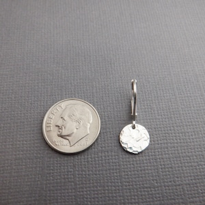 tiny sterling silver dangles hammered circle earrings petite disc everyday sterling jewelry leverback lever back drop latchback latch. 3/8 image 3