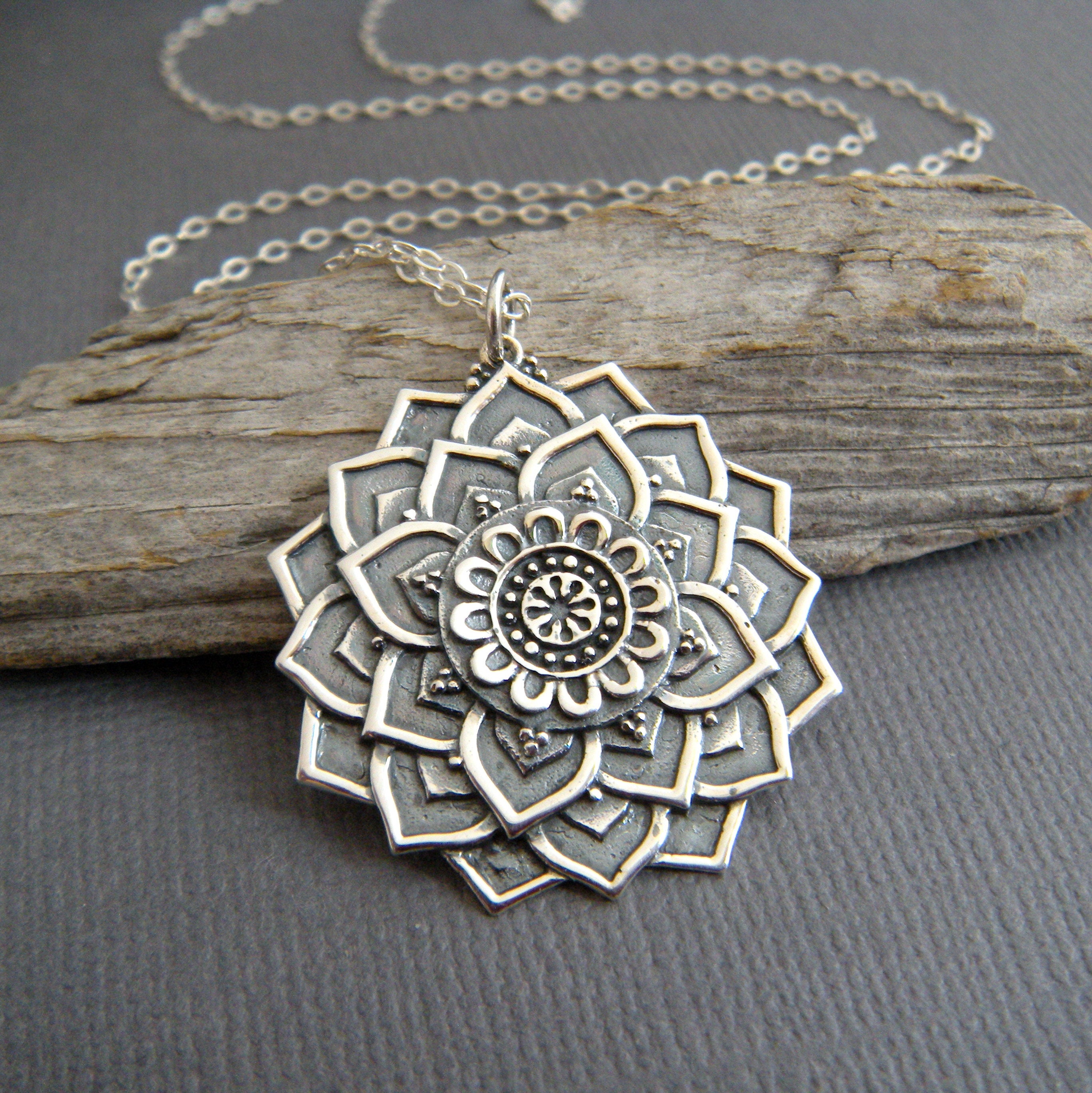 sterling silver lotus mandala necklace small petal flower pendant zen  universe charm boho bohemian jewelry spiritual yoga everyday 1/8
