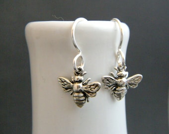 tiny sterling silver honey bee earrings petite honeybee nature jewelry small hook leverback dangle good luck charm dainty delicate 3/8"