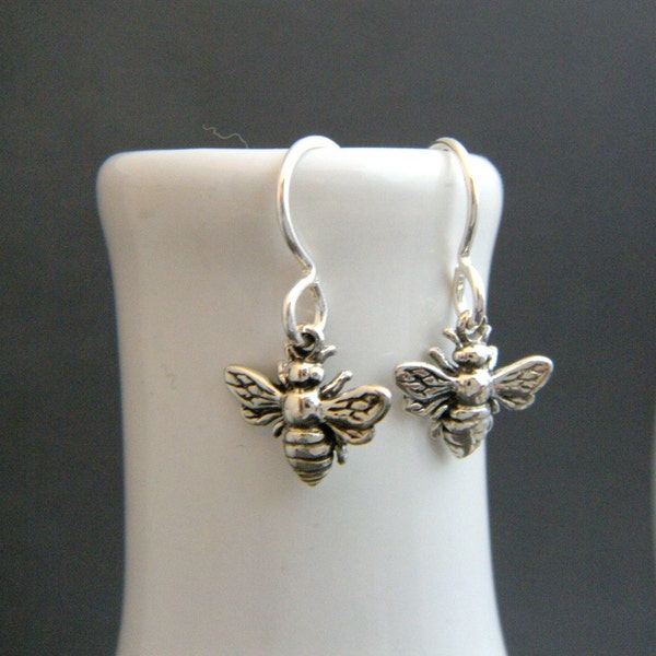 tiny sterling silver honey bee earrings petite honeybee nature jewelry small hook leverback dangle good luck charm dainty delicate 3/8"