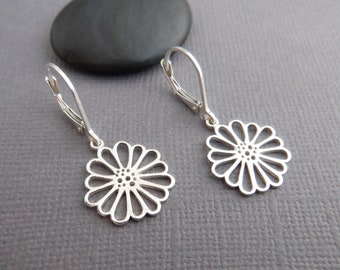 small sterling silver daisy flower earrings petite tiny floral dangle everyday jewelry boho bohemian nature leverback gardener gift 1/2"