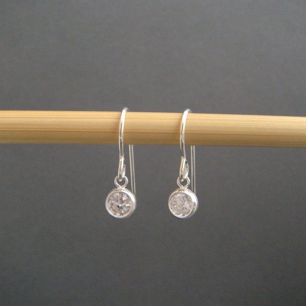tiny silver dangles. cubic zirconia earrings. diamond alternative. clear crystals. everyday earrings. sterling simple drops. hook. 5 mm CZ
