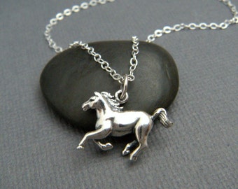 galloping horse necklace. small sterling silver coastal cowgirl pendant. equestrian realistic charm gift animal lover equine jewelry 3/4"
