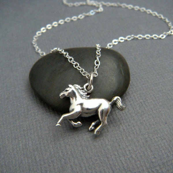 galloping horse necklace. small sterling silver coastal cowgirl pendant. equestrian realistic charm gift animal lover equine jewelry 3/4"